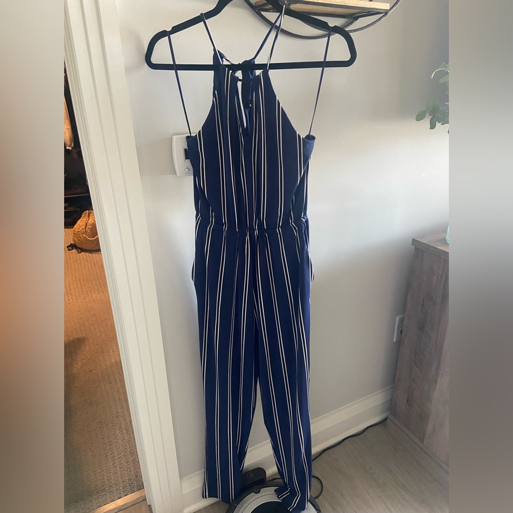 Blue and white striped jumpsuit
